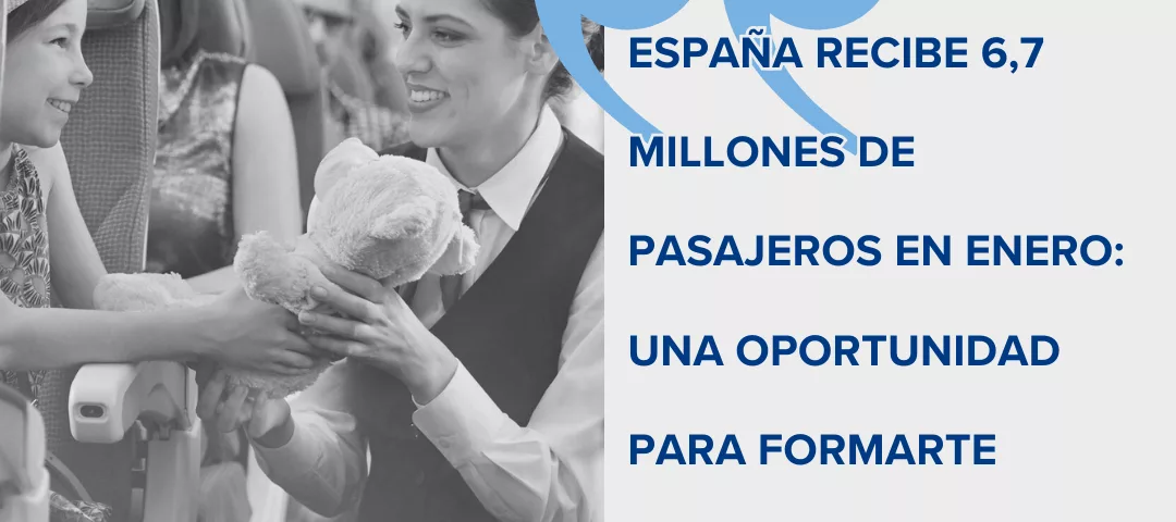 auxiliar de vuelo atendiendo pasajeros en vuelo internacional desde España